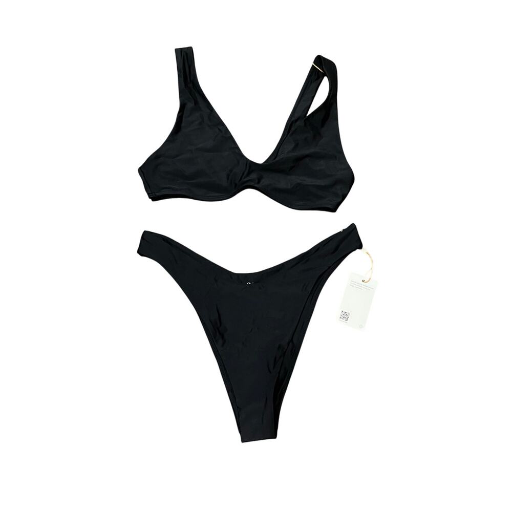 Quince Italian plunge bikini top and high leg bikini bottom in black Large NWT!